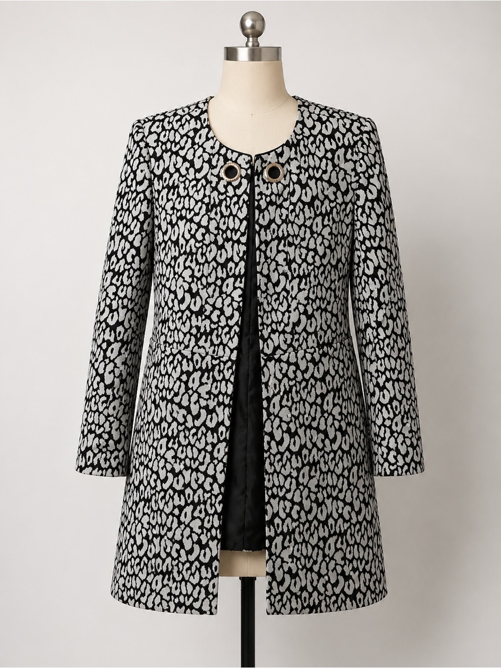 Anne Klein Black and White Leopard-Print Long Trench Coat